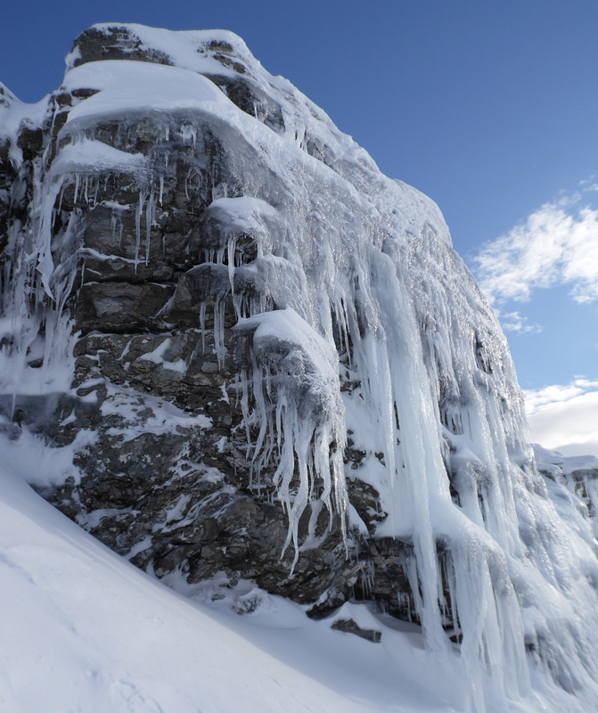 Icicles on cliffs on Beinn Ime