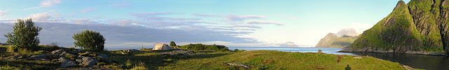 Dawn at Å freedom campground with Mosken and Værøy islands