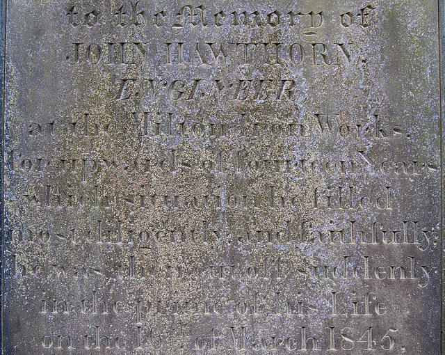 Memorial to John Hawthorn, "Engineer", of Milton Iron Works, Wentworth Old Church, South Yorkshire