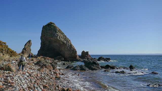 Rock formations at the bottom of the cliff patch down to McFarquhar's Cave