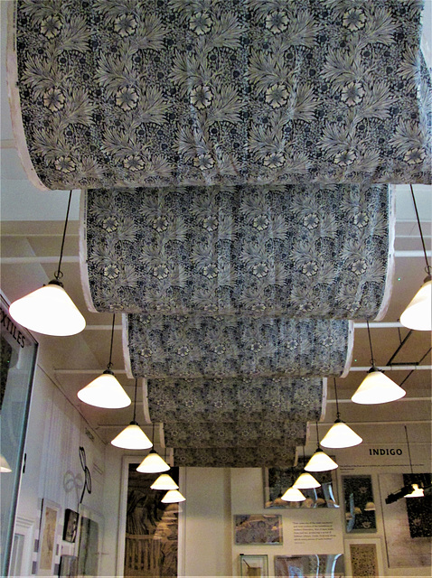 'Marigold' printed textile draped from the ceiling