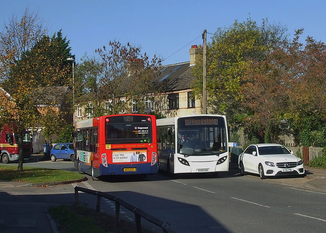 DSCF0181 Stagecoach East (Cambus) 27852 (AE13 DZY) and Big Green Bus Company KX59 GOC in Chesterton - 27 Oct 2017