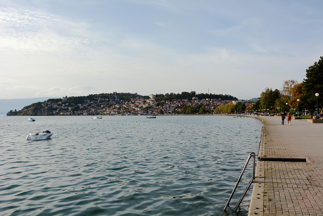 North Macedonia, Ohrid Embankment with View to Old Town Hill