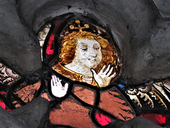 st mary's church, warwick (114)angel in mid c15 glass in the side window tracery lights by john prudde 1447