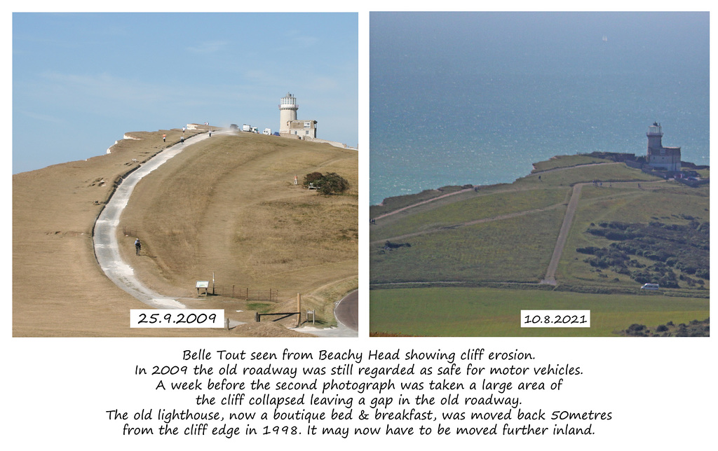 Belle Tout erosion, viewed from Beachy Head - comparison - 25.9.2009 & 10.8.2021