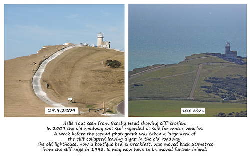 Belle Tout erosion, viewed from Beachy Head - comparison - 25.9.2009 & 10.8.2021