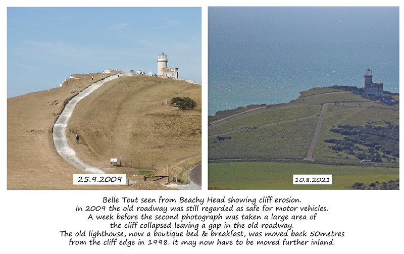 Belle Tout erosion, viewed from Beachy Head - comparison - 25.9.2009 & 10.8.2021