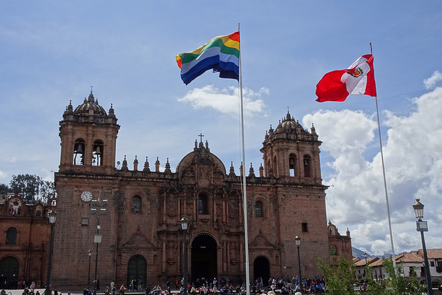 Flags Flying In Front Of Cusco Cathedral