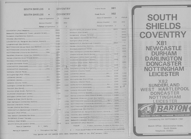 Barton Transport Tyneside-Midlands services timetable 5 Sep 1982