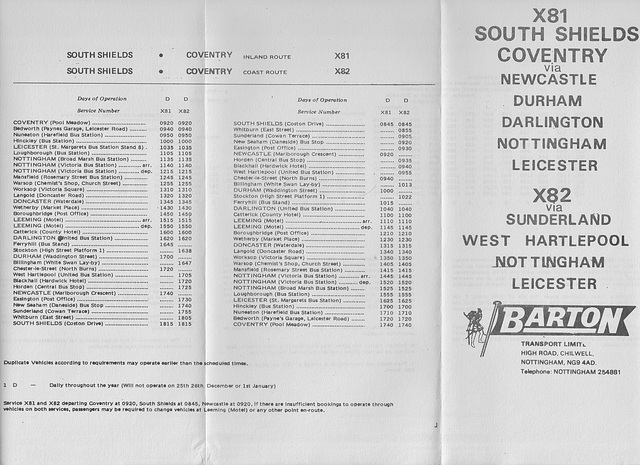 Barton Transport Tyneside-Midlands services timetable circa 1981