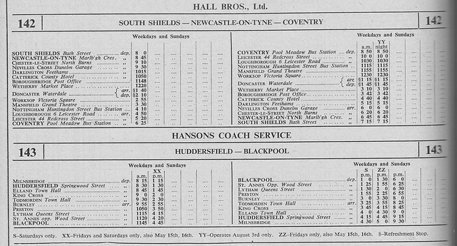 Hall Bros Tyneside-Midlands and Hansons Yorkshire-Blackpool service timetables (ABC Coach Guide Summer 1951)