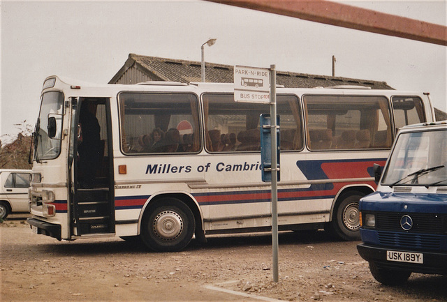 Millers Coaches HSV 193 (CEB 140V) at the Cattle Market, Cambridge – 5 Feb 1991 (136-01)