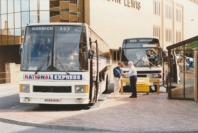 Midland Red West B568 BOK and Yorkshire Traction 374 YTC (A74 YDT) at Peterborough - 15 Jul 1989