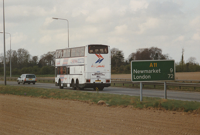 Ambassador Travel 918 (C918 BPW) on the A11 at Barton Mills – 8 Apr 1990 (115-23)