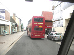 Chambers S218 YOO from the driver's seat of Mulleys AE06 YYU in Bury St. Edmunds - 5 Aug 2011 (DSCN6629)