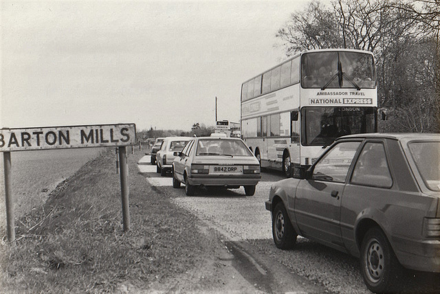 Ambassador Travel ML905 (A668 XDA) on the old A11 at Barton Mills – 28 Apr 1985 (16-15A)