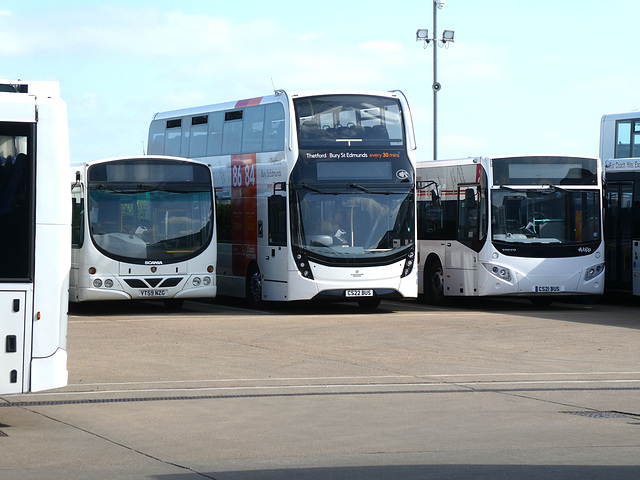 Coach Services YT59 NZG, CS22 BUS and CS21 BUS at the Thetford yard - 8 May 2022 (P1110513)