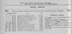 Hall Bros Tyneside-Midlands service timetable  1932 (Extract from the 'Roadway Motor Coach Timetable')