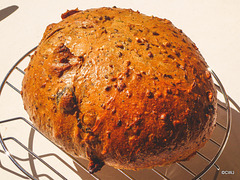 My first sourdough wholemeal multi-seeded loaf with fresh rosemary, pecans, kalamata olives and garlic...