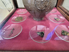 michelham priory, sussex   (18)c17 bellarmine found used as a witch bottle c.1666 when it was buried upright outside the west porch of the cloister with pins and perhaps a wax heart within