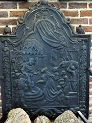 michelham priory, sussex   (20)c17 iron fireback showing solomon and the queen of sheba