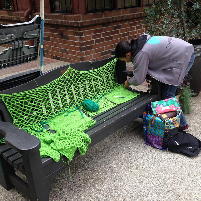 Yarnbombing bench at Descanso Gardens