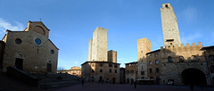 Italy, San Gimignano, Piazza Duomo with Collegiata di Santa Maria Assunta, Salvucci Twin Towers, Torre Pesciolini, Torre Chigi, Torre Rognosa