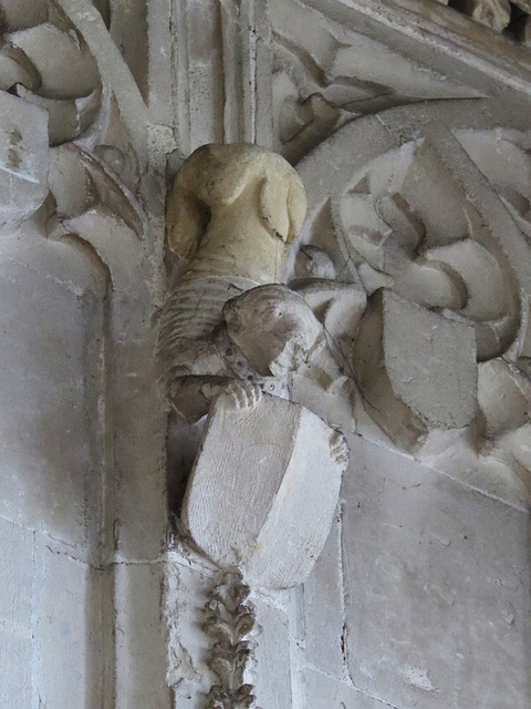 exeter cathedral, devon,sir john speke chantry chapel +1518, monkey?  with collar holding a shield