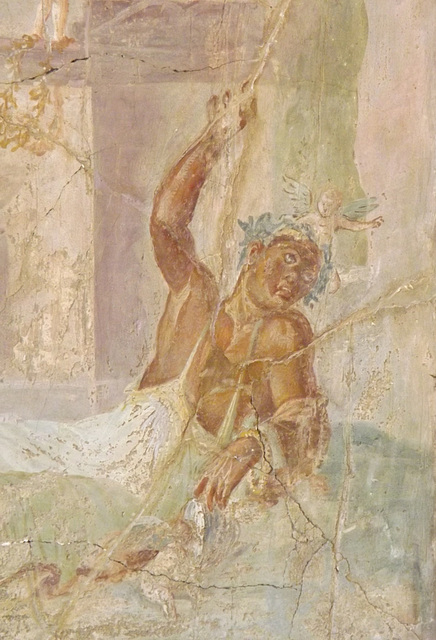 Detail of a Wall Painting with Herakles and Omphale from the House of the Prince of Montenegro in Pompeii in the Naples Archaeological Museum, July 2012