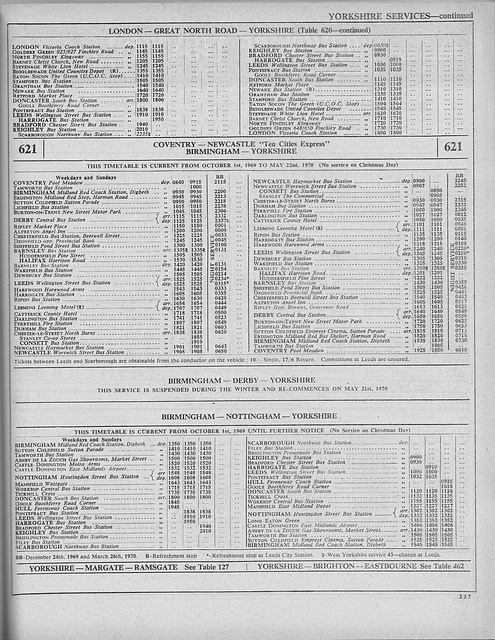 ABC Coach and Bus Guide - Winter 1969/1970 (page 237) 'Yorkshire Services' Pool and 'Ten Cities Express' timetables