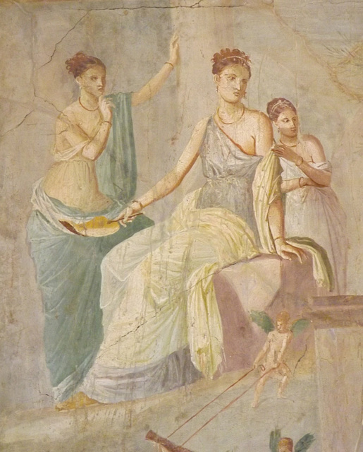 Detail of a Wall Painting with Herakles and Omphale from the House of the Prince of Montenegro in Pompeii in the Naples Archaeological Museum, July 2012