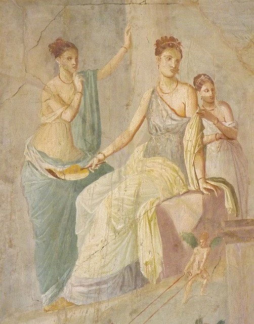 Detail of a Wall Painting with Herakles and Omphale from the House of the Prince of Montenegro in Pompeii in the Naples Archaeological Museum, July 2012