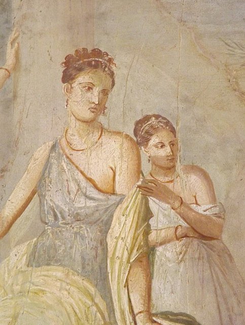 Detail of a Wall Painting with Herakles and Omphale from the House of the Prince of Montenegro in Pompeii in the Naples Archaeological Museum, July 2012