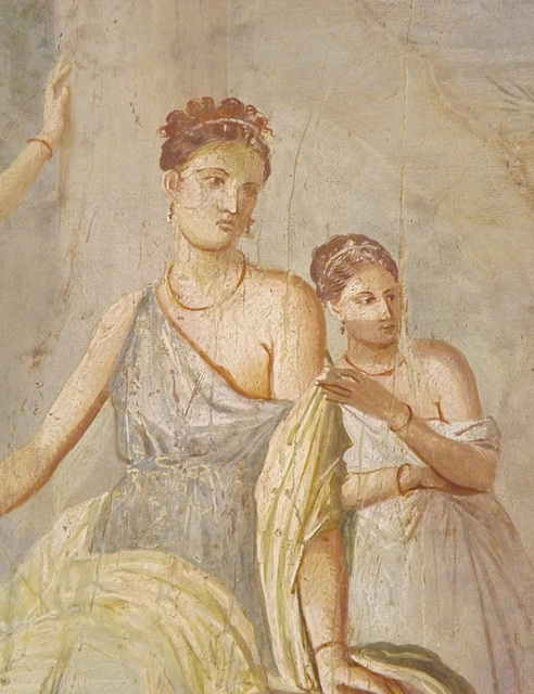 Detail of a Wall Painting with Herakles and Omphale from the House of the Prince of Montenegro in Pompeii in the Naples Archaeological Museum, July 2012