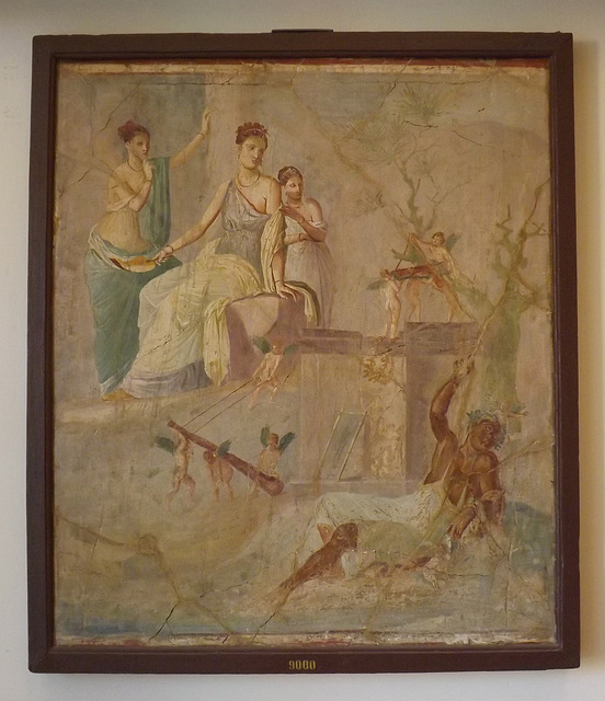 Wall Painting with Herakles and Omphale from the House of the Prince of Montenegro in Pompeii in the Naples Archaeological Museum, July 2012