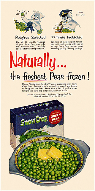 Snow Crop Frozen Peas Ad, 1953