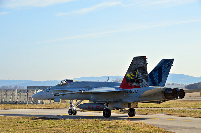 Der Adler ist gelandet, Boeing F/A-18 Hornet J-5017 Swiss Airforce Payerne Airbase Switzerland Februar 2019