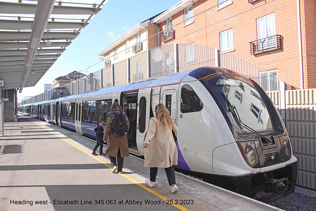 Heading west - Elizabeth Line 345 063 at Abbey Wood - 25 2 2023