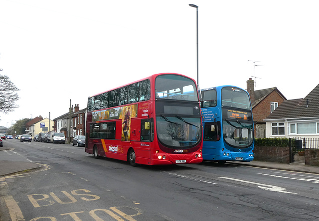 First Eastern Counties 37022 (YJ06 XKL) and 37569 (AU58 ECN) in Great Yarmouth - 29 Mar 2022 (P1110058)