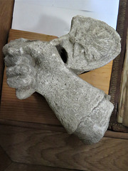 hand in gauntlet holding ?staff and cockleshell scrip,  perhaps from a small c15 statue, eastry church, kent (18)