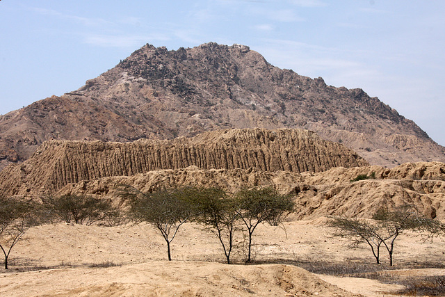 View of El Purgatorio and an adobe pyramid