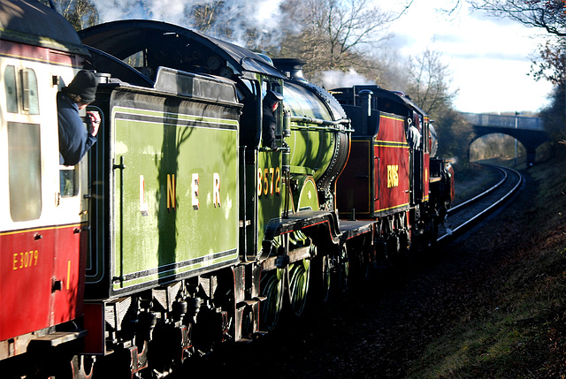 Crab class #1305 and Class B12 #8572  leave Rothley for Leicester