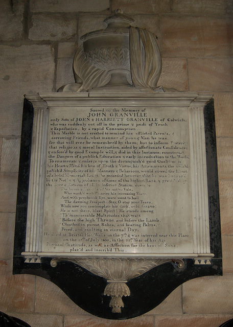 Memorial to John Granville who died aged 21,  Ellastone Church, Staffordshire