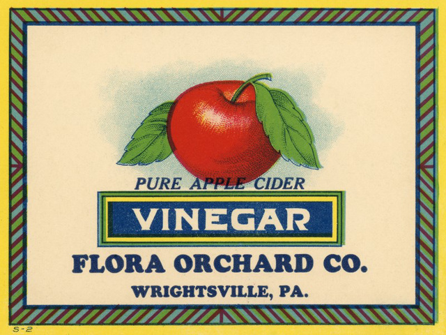 Pure Apple Cider Vinegar Label, Flora Orchard Company, Wrightsville, Pa.