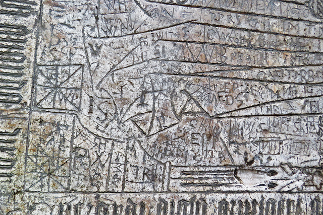 stoke dry church, rutland,incised slab covered with graffiti, tomb of jaqueta digby, 1496