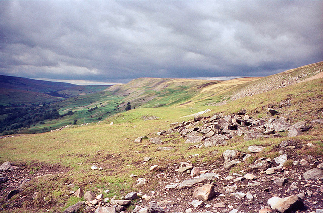 Looking northwest along Fremington Edge from near the disused Chert Quaries. (Aug 1993, scan)