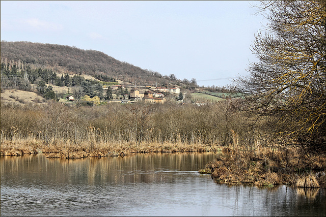 Panossas (38) 16 mars 2015. La Maison forte d'Antouillet au loin et l'étang de Charamel. Panossas (38) 16 mars 2015. La Maison forte d'Antouillet au loin et l'étang de Charamel.