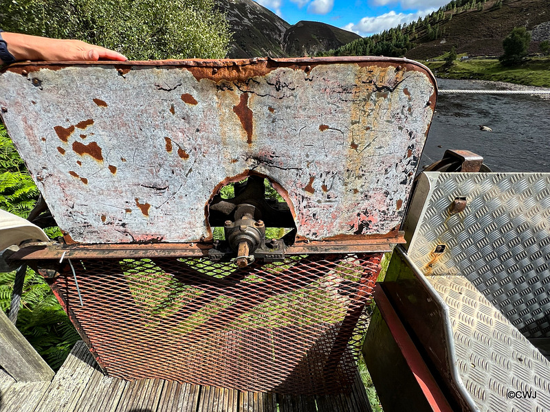 The cranking point for The Ropeway bucket bridge at Shenachie across the Findhorn