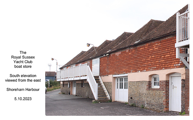 The Royal Sussex Yacht Club Boat Store from the east - Shoreham Harbour, 5 10 2023