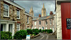 Truro back street, fresh fish advert and cathedral.